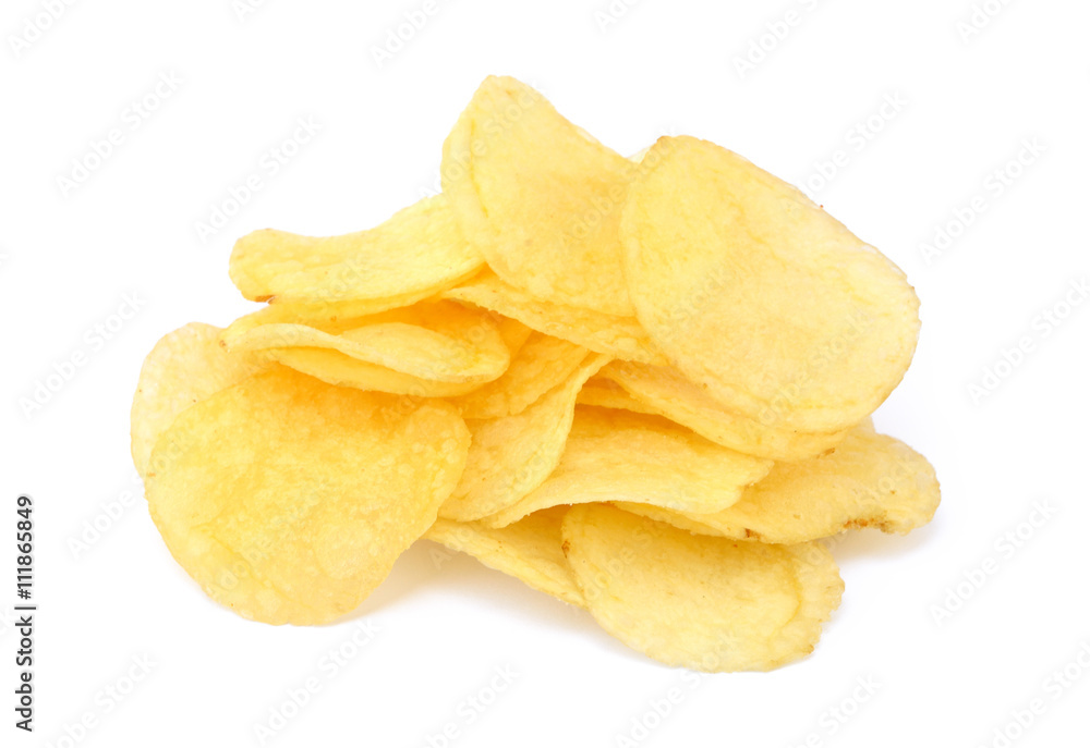 Fried salted potato chips isolated on white background