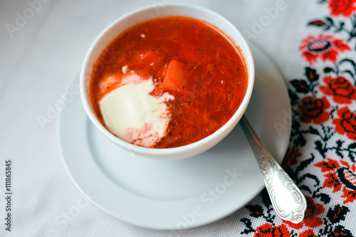 Top view of Borsch - traditional Ukrainian cuisine. 