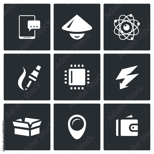 Vector Set of Electronic Industry Icons. Smartphone, Asian, Nucleu and electron, Manufacture, Processor, Charge, Pack, Place, Sale.