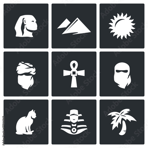 Vector Set of Egypt Icons. Sphinx, Dune, Sun, Bedouin, Artifact, Paranja, Cat, Pharaoh, Oasis.