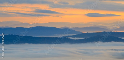 Amazing mountain landscape with dense fog. Carpathian Mountains © AlekseyKarpenko