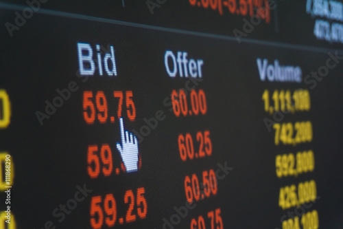 Stock bid and offer financial data on a monitor