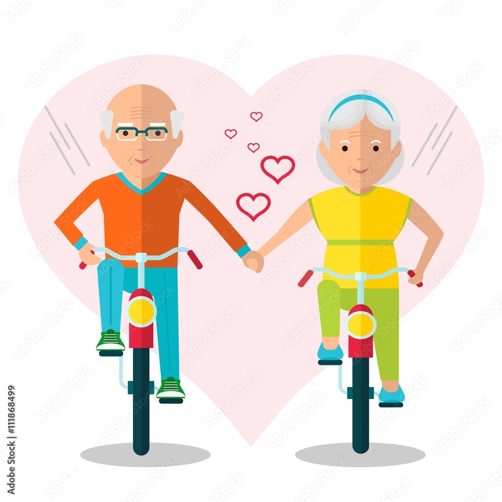 Seniors couple on a romantic walk on the bike. Active lifestyle. Harmonious relations. Family and understanding.Objects isolated on a white background. Flat vector illustration.