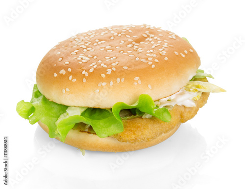 Chicken burger with lettuce, Chinese cabbage isolated on white.