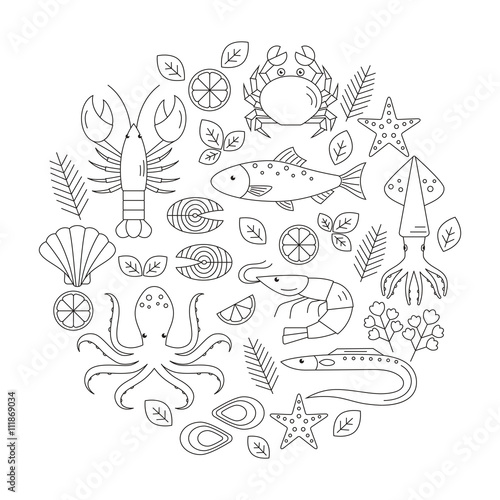 Seafood vector flat line icons set. Vector illustrations of lobster, crab, salmon, fish, squid, oyster, shrimp, octopus, eel. Seafood menu background. Fresh seafood restaurant illustration.