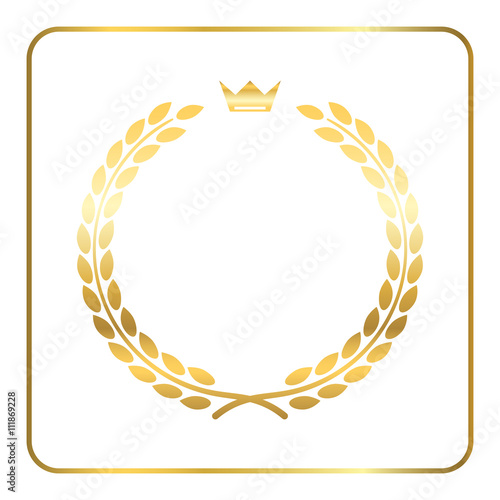 Gold laurel wreath, with crown. Golden leaf emblem. Vintage design, isolated on white background. Decoration for insignia, banner award. Symbol of triumph, sport victory, trophy. Vector illustration.