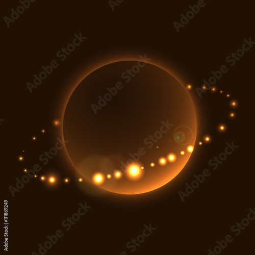 Fototapeta Naklejka Na Ścianę i Meble -  Planet sign with rings in cosmic space. Abstract shine icon, isolated on black background. Light stars night. Glow orbit. Symbol of saturn, universe, astronomy and world, cosmos. Vector illustration