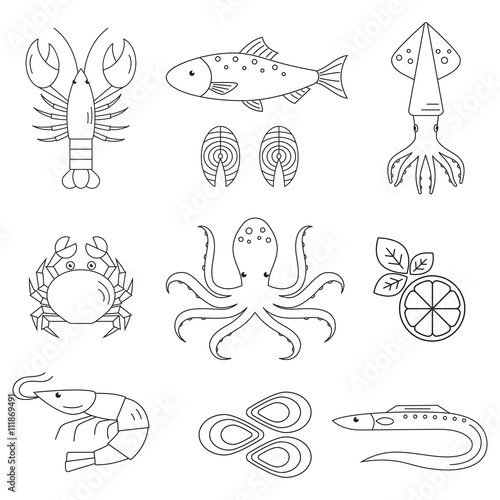 Seafood vector flat line icons set. Vector illustrations of lobster, crab, salmon, fish, squid, oyster, shrimp, octopus, eel isolated. Seafood menu background. Fresh seafood restaurant illustration.