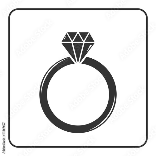 Diamond engagement ring icon. Crystal sign. Black circle silhouette isolated on white background. Flat fashion design element. Symbol of engagement, gift, jewel,luxury, expensive. Vector Illustration.