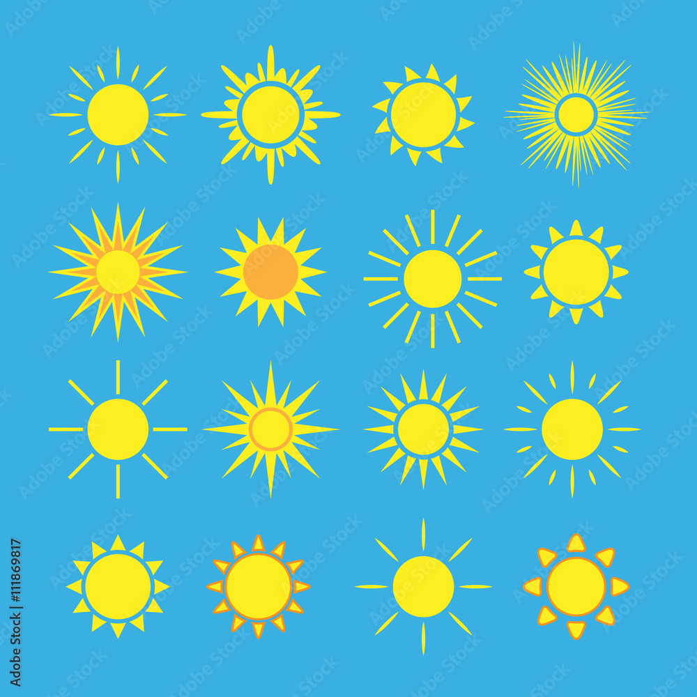 Sun icons set. Collection light yellow signs with sunbeam. Design elements, isolated on blue background. Symbol of sunrise, heat, sunny and sunset, morning, sunlight. Flat style. Vector Illustration. Sun icons set. Collection light yellow signs with sunbeam. Design elements, isolated on blue background. Symbol of sunrise, heat, sunny and sunset, morning, sunlight. Flat style. Vector Illustration.