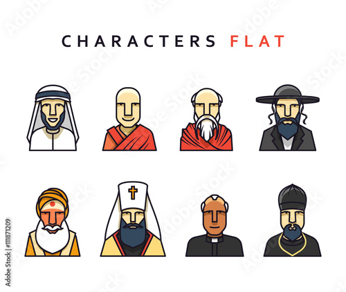 Set of religious figures of different religions in the world . Isolated characters in flat style. Characters icons men religious.