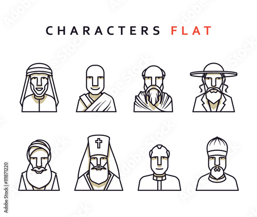 Set of religious figures of different religions in the world . Isolated characters in flat style. Characters icons men religious.