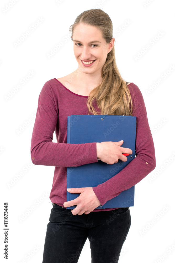 young school girl with folder; on white background young school girl with folder; on white background