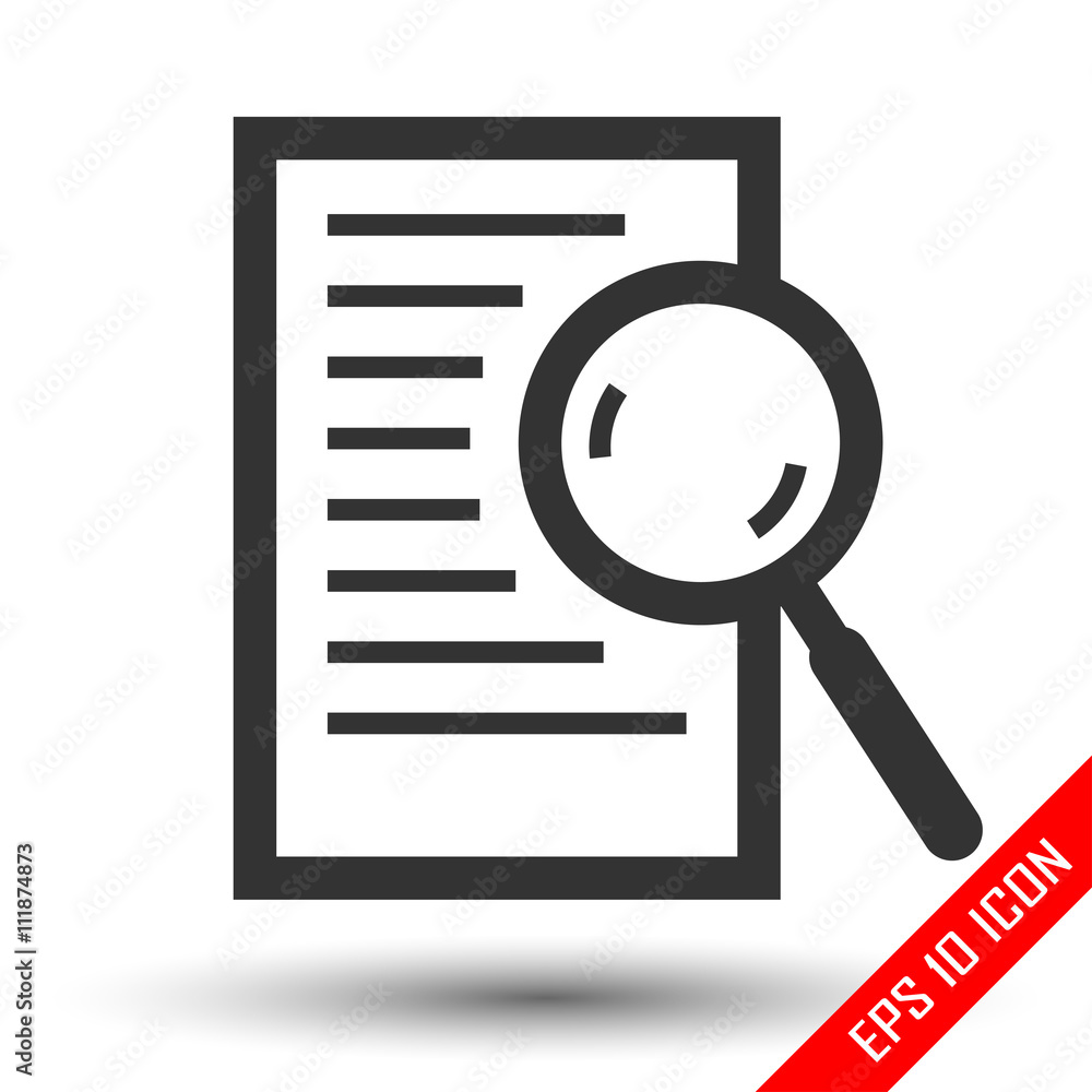 Magnifying glass over document vector icon. Searching on the list logo. vector illustration. Magnifying glass over document vector icon. Searching on the list logo. vector illustration.