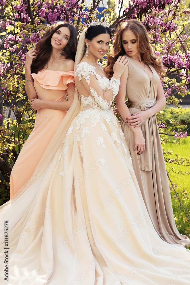 fashion outdoor photo of gorgeous bride in luxurious wedding dress, posing with beautiful bridesmaids in elegant dresses 