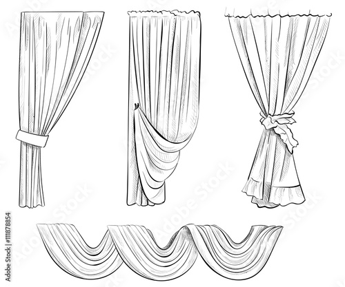 Sketch design curtains windows. Background for use in design, web site, packing, textile, fabric decorative elements for interior. Curtain draped with lambrequins isolated on a white