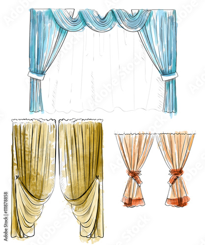Sketch design curtains windows. Background for use in design, web site, packing, textile, fabric decorative elements for interior. Curtain draped with lambrequins isolated on a white