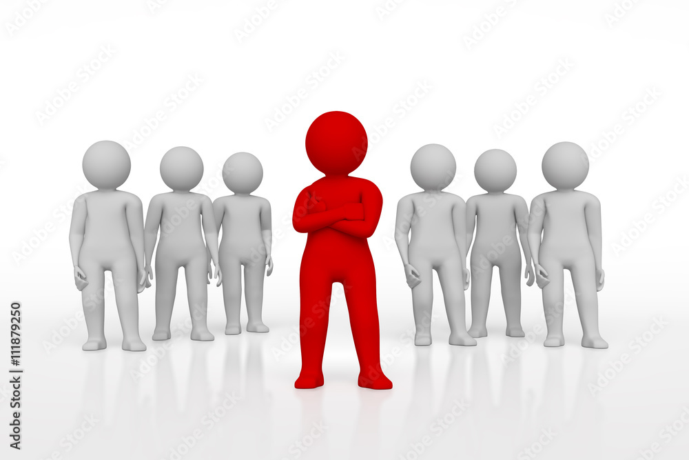 Small person the leader of a team allocated with red colour. 3d rendering. Isolated white background. Small person the leader of a team allocated with red colour. 3d rendering. Isolated white background.
