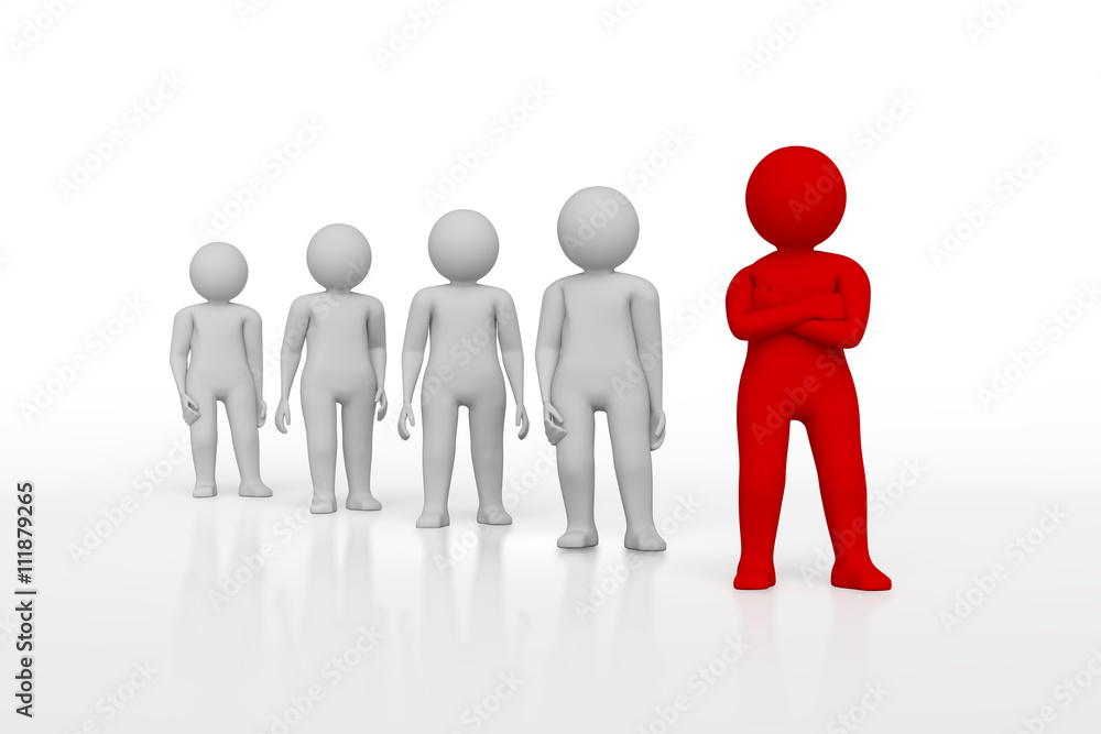 Small person the leader of a team allocated with red colour. 3d rendering. Isolated white background. Small person the leader of a team allocated with red colour. 3d rendering. Isolated white background.
