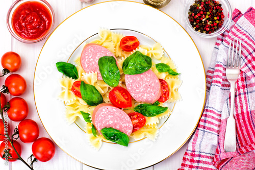 Pasta with Tomato  Salami and Basil