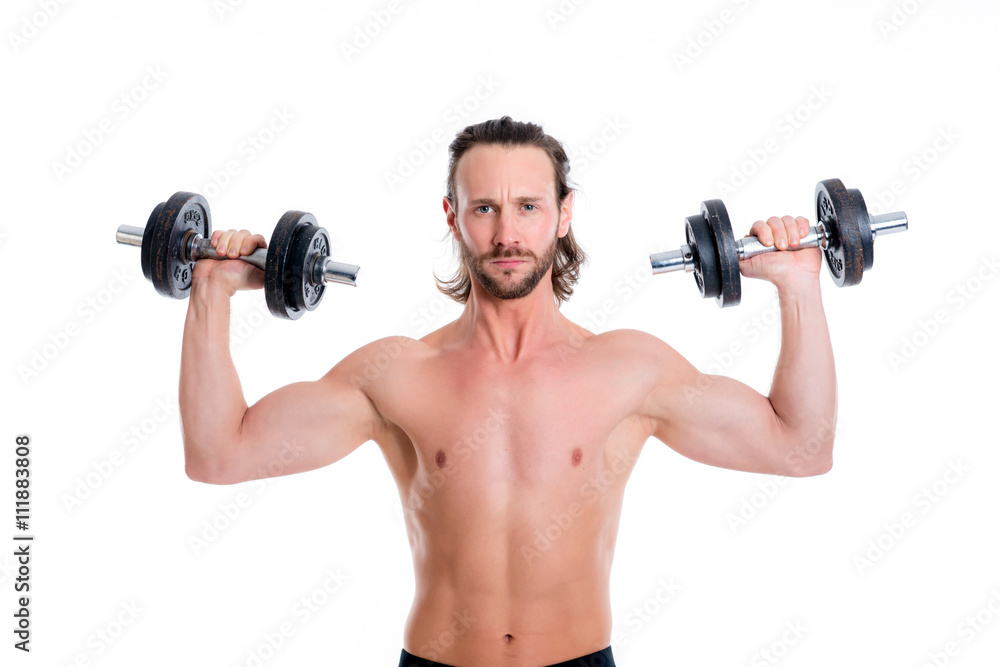 young man with exercised body train with bar-bell