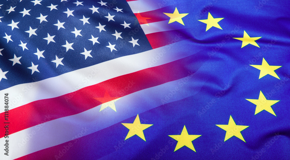 Naklejka premium Flags of the USA and the European Union. American Flag and EU Flag. Flag inside stars. World flag concept.