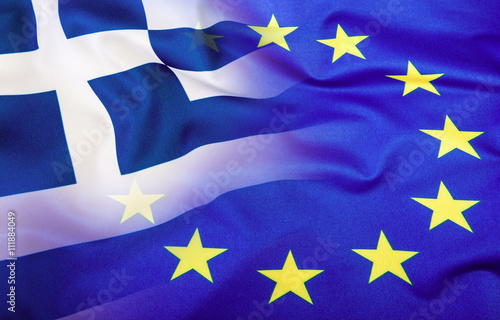 European Union and Greece. The concept of relationship between EU and Greece. Waving flag of EU and Greece.