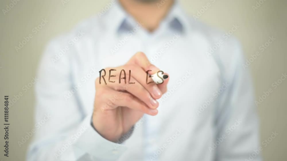 Real Estate Agreement , man writing on transparent wall Real Estate Agreement , man writing on transparent wall