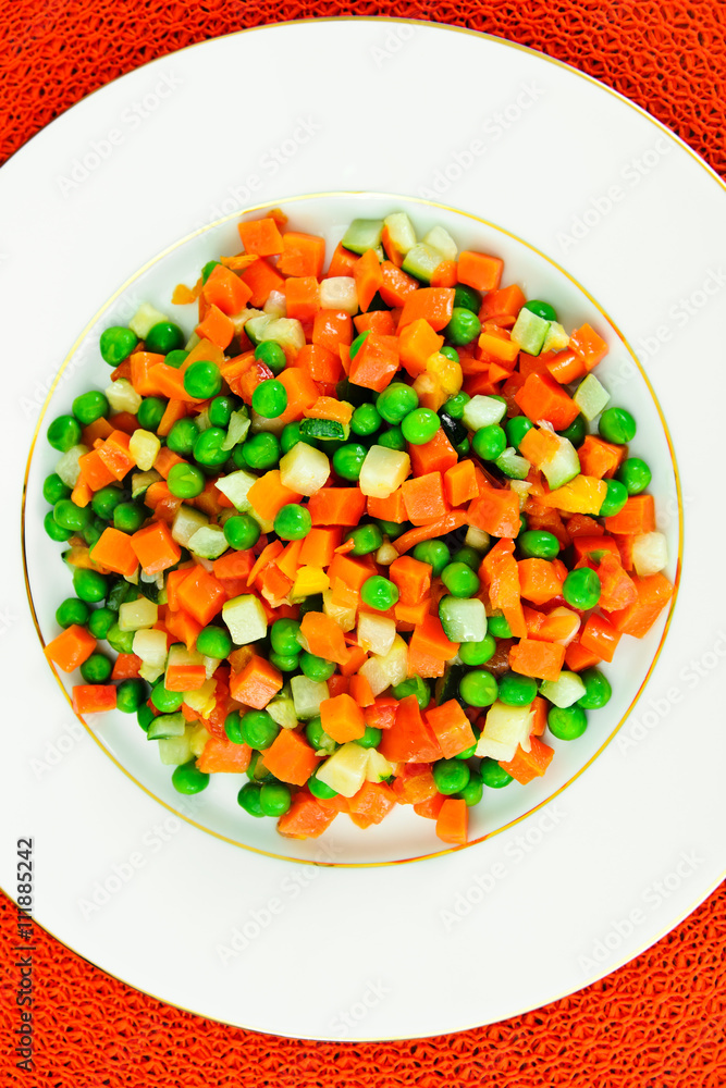 Juicy Vegetable Stew. Paprika, Peas and Carrots. Diet Food