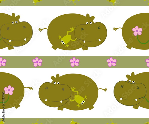 Drawing of a seamless pattern with cute behemoths in cartoon style with a frog and flower on a white background