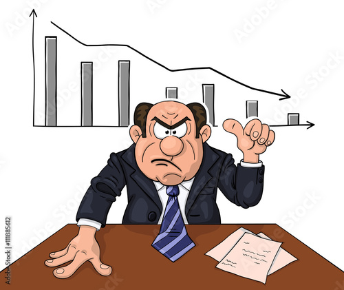 Angry boss at the table indicates on descending diagram behind