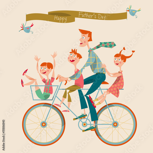 Family enjoying bicycle ride. The father with children. Happy Father’s Day.