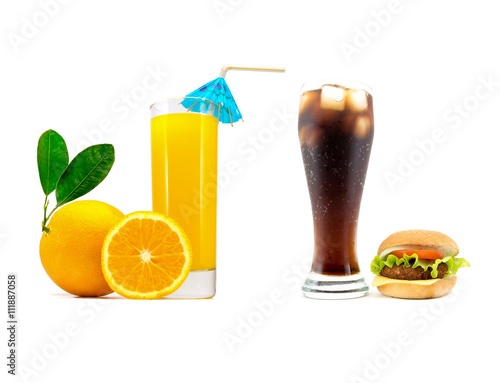 Glass of soda with a hamburger and a glass of fresh orange juice with sliced orange isolated on white background 