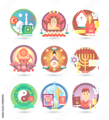 Religion and confession icons. Flat colorful concept vector illustration.