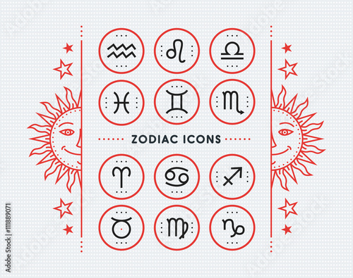 Zodiac icon collection. Sacred symbols set. Vintage style design elements of horoscope and astrology purpose. Thin line signs isolated on bright dotted background. Vector collection.