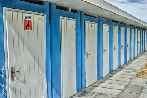 Series of beach cabins in Rimini, Italy, Adriatic Sea