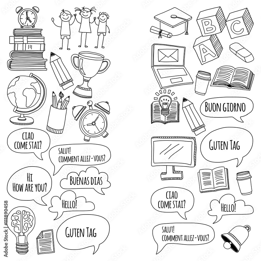 Language school Doodle vector set Language school Doodle vector set