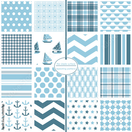 Blue seamless pattern set. Repeating patterns for baby shower, backgrounds, fabric, gift wrap, and more. Sailboat, anchor, star, polka dot, stripe, plaid, gingham, argyle and chevron print.