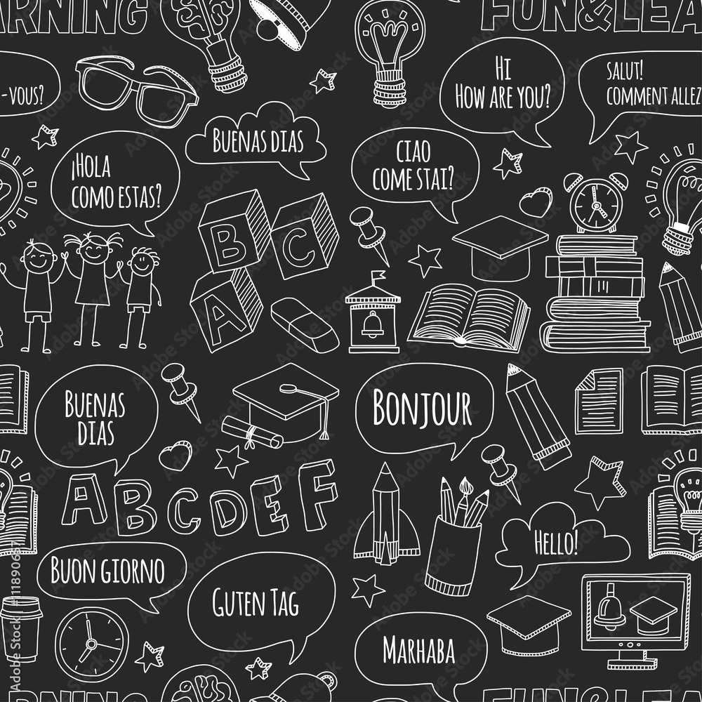 Language school doodle icons on blackboard Language school doodle icons on blackboard