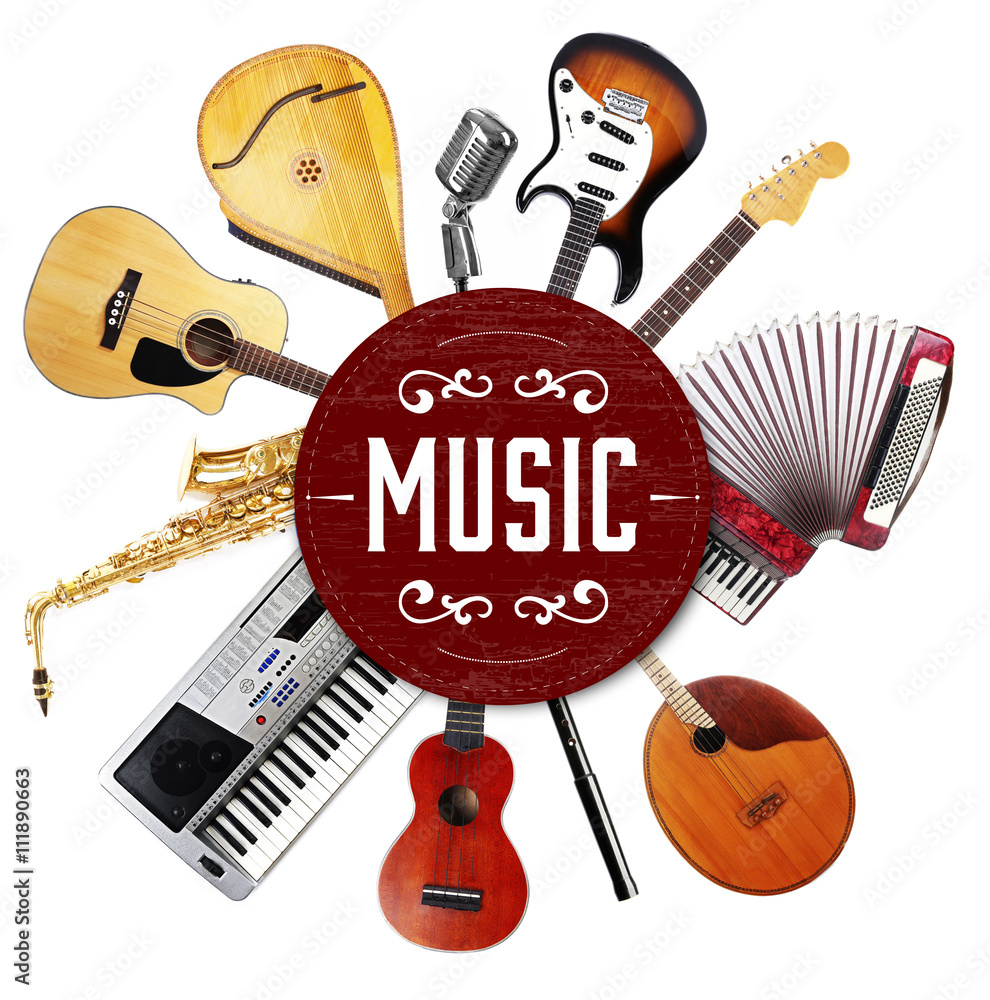 Collage of musical instruments isolated on white foto de Stock | Adobe Stock