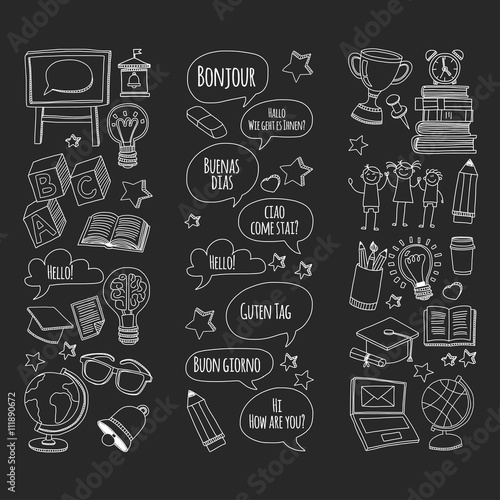 Language school doodle icons on blackboard