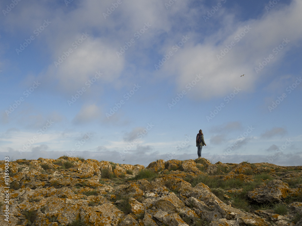 Woman standing on rocks looking at far horizon.