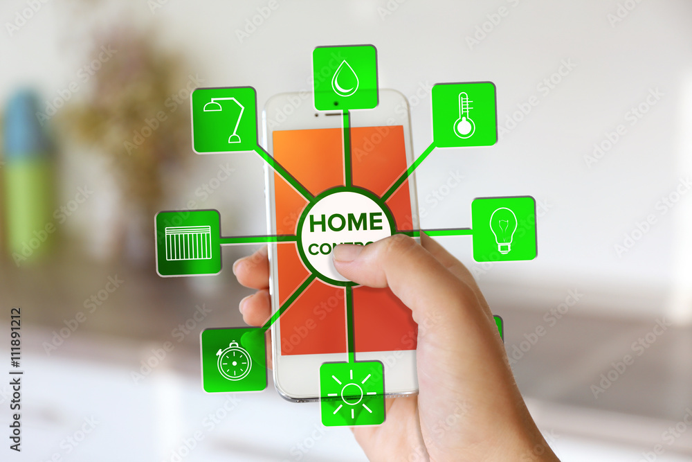 Using smart home app on phone. Smart home control concept. Using smart home app on phone. Smart home control concept.