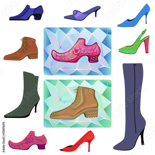 Colored flat lay man & women shoes set