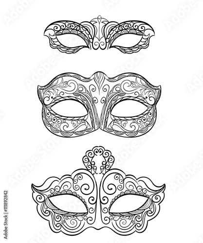 Beautiful black lace masquerade mask isolated on white background. Ornate Monochrome Mardi Gras Carnival