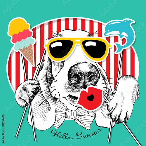 Festive poster with the portrait of the dog Basset Hound with the summer photo booth props. Vector illustration.