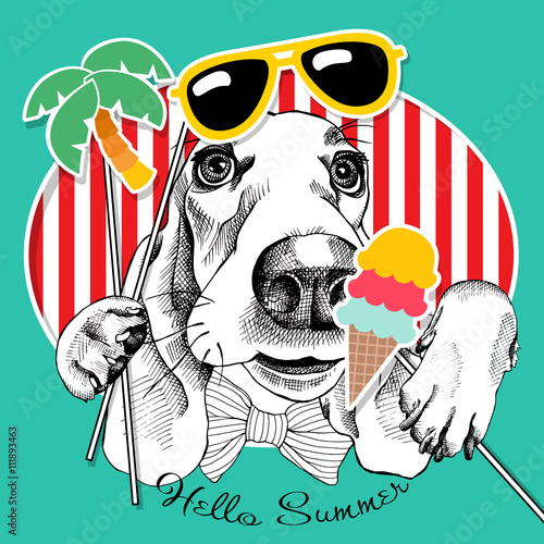 Festive poster with the portrait of the dog Basset Hound with the summer photo booth props. Vector illustration.