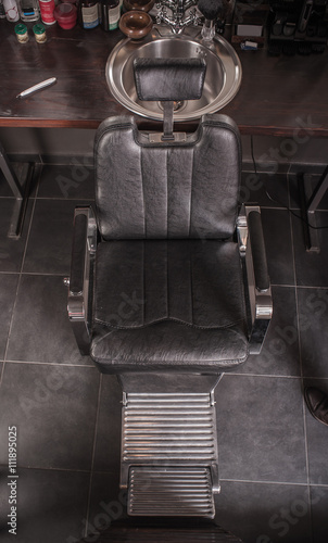Top view of chair for a haircut in hair salon or barber shop © guruXOX