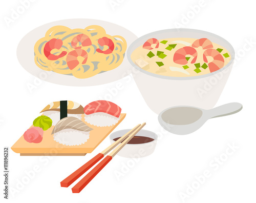Asian food vector. Japanese food illustrations. Chinese, thai food flat, cartoon style. Web banner isolated on white background. Tom Yam soup, sashimi, chopstick, noodles with shrimps