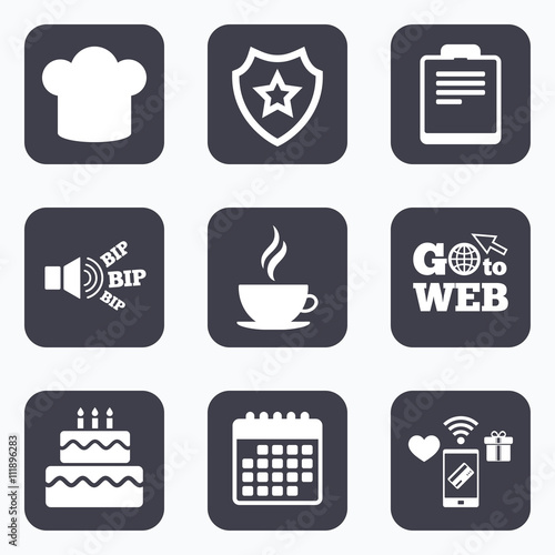 Coffee cup icon. Chef hat symbol. Birthday cake.